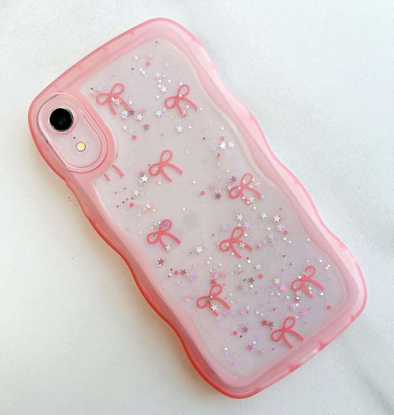 Qokey for iPhone XR Case, Glitter Star & Curved Edge Handle Grip Design, Military-Grade Shockproof Clear TPU Cover, Sparkle Protection Scratch-Resistant, Holographic Pink Bow - Image 9