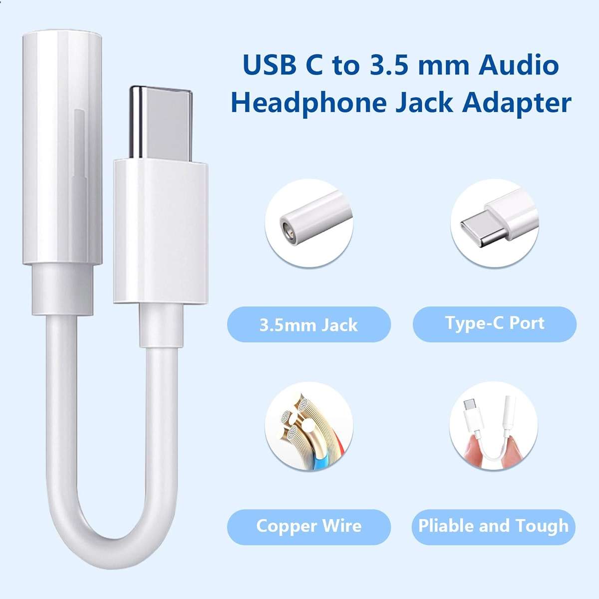 5 Pack USB C to 3.5mm Headphone Jack Adapter Type C Audio Aux Cable Dongle Compatible with iPhone 16/15/15 Plus/15 Pro/15 Pro Max/iPad/Pixel, Samsung Galaxy S23 S22 S21 S20 Ultra Z Flip/Note(White) - Image 2