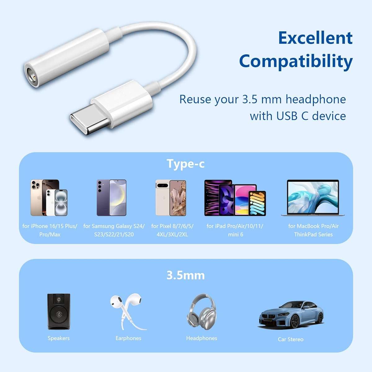 5 Pack USB C to 3.5mm Headphone Jack Adapter Type C Audio Aux Cable Dongle Compatible with iPhone 16/15/15 Plus/15 Pro/15 Pro Max/iPad/Pixel, Samsung Galaxy S23 S22 S21 S20 Ultra Z Flip/Note(White) - Image 6