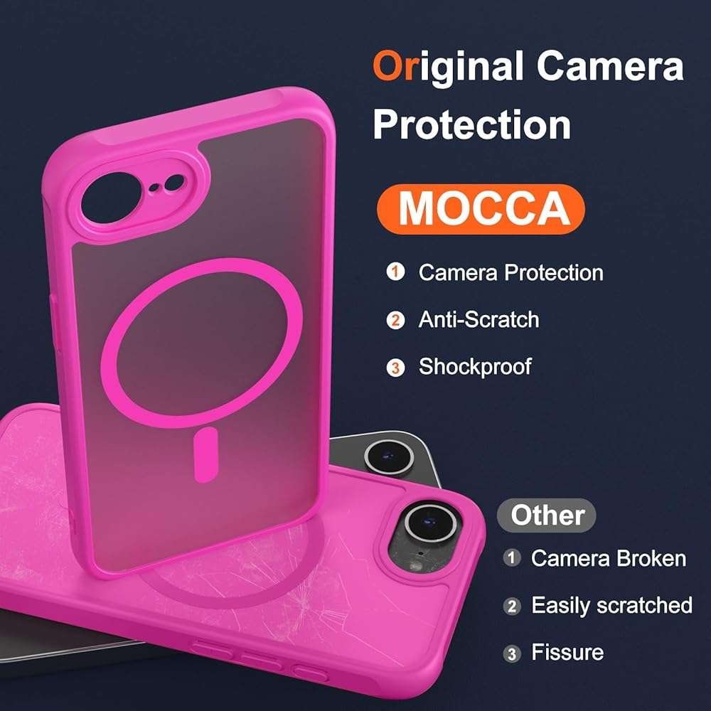 MOCCA Magnetic for iPhone 17e Case/iPhone 16e Case, [Compatible with MagSafe] [16FT Military Grade Drop Protection] Full Camera Protection Slim Matte Cover for Phone Automobile Speakerphones,Hot Pink - Image 3