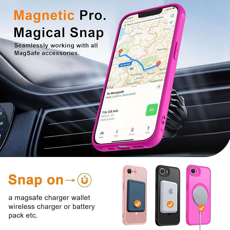 MOCCA Magnetic for iPhone 17e Case/iPhone 16e Case, [Compatible with MagSafe] [16FT Military Grade Drop Protection] Full Camera Protection Slim Matte Cover for Phone Automobile Speakerphones,Hot Pink - Image 4