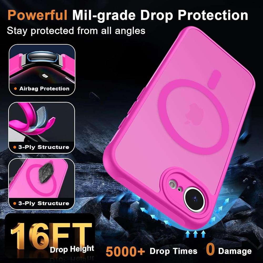 MOCCA Magnetic for iPhone 17e Case/iPhone 16e Case, [Compatible with MagSafe] [16FT Military Grade Drop Protection] Full Camera Protection Slim Matte Cover for Phone Automobile Speakerphones,Hot Pink - Image 5