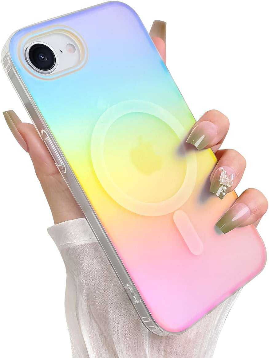Heaofei Cute Case for iPhone 17e & 16e Case for Women Girls [Compatible with Magsafe] Aesthetic Girly Glitter Bling Rainbow Magnetic Protective Phone Cover, Translucent Iridescent Blue & Pink - Image 1