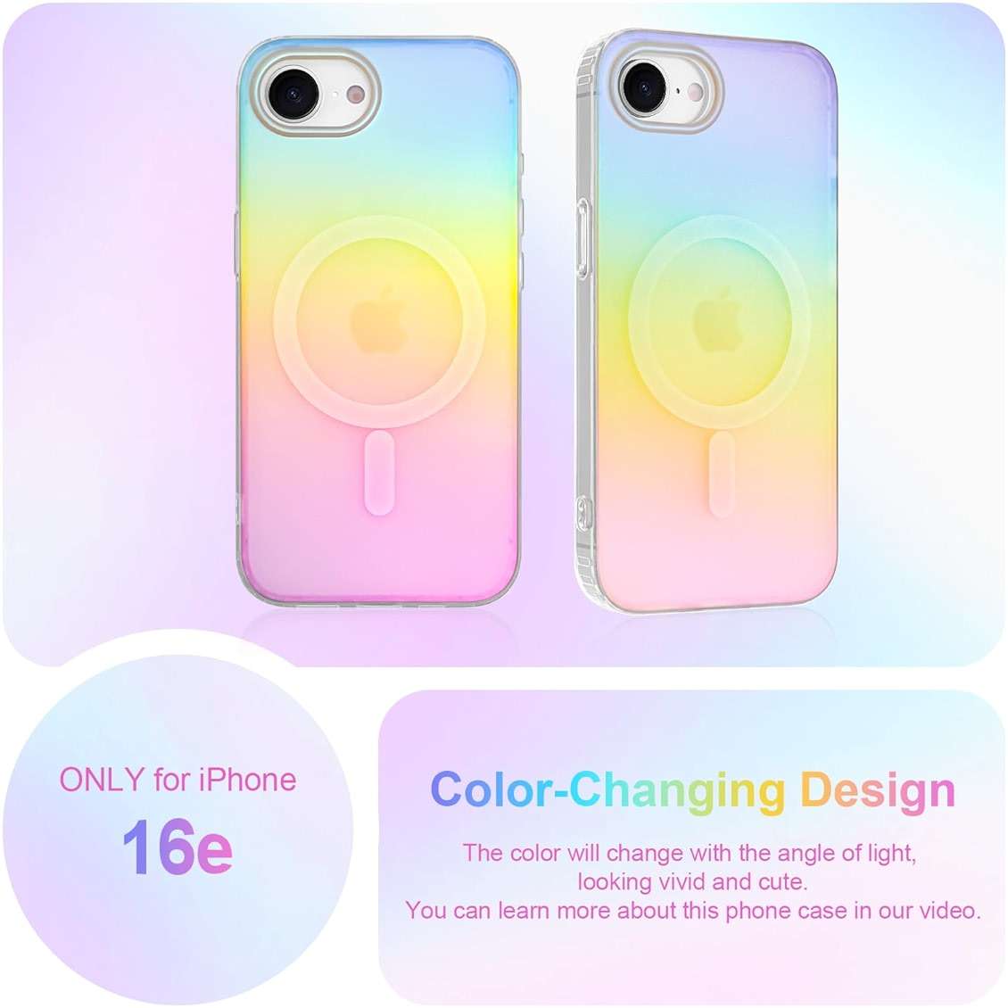 Heaofei Cute Case for iPhone 17e & 16e Case for Women Girls [Compatible with Magsafe] Aesthetic Girly Glitter Bling Rainbow Magnetic Protective Phone Cover, Translucent Iridescent Blue & Pink - Image 2