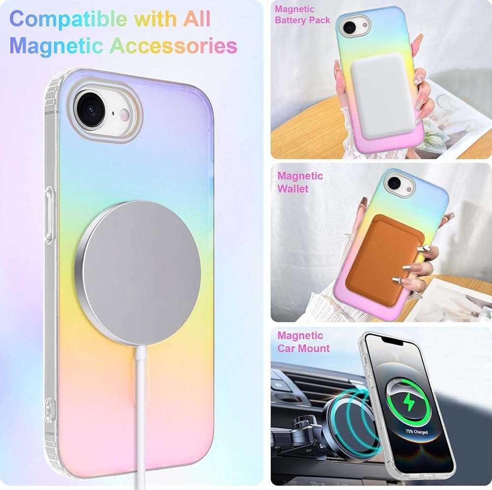 Heaofei Cute Case for iPhone 17e & 16e Case for Women Girls [Compatible with Magsafe] Aesthetic Girly Glitter Bling Rainbow Magnetic Protective Phone Cover, Translucent Iridescent Blue & Pink - Image 3
