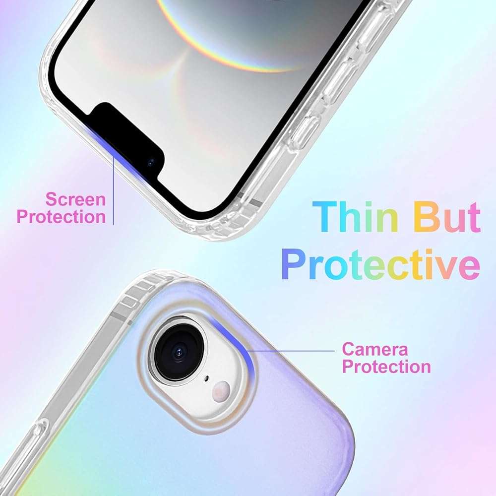 Heaofei Cute Case for iPhone 17e & 16e Case for Women Girls [Compatible with Magsafe] Aesthetic Girly Glitter Bling Rainbow Magnetic Protective Phone Cover, Translucent Iridescent Blue & Pink - Image 4