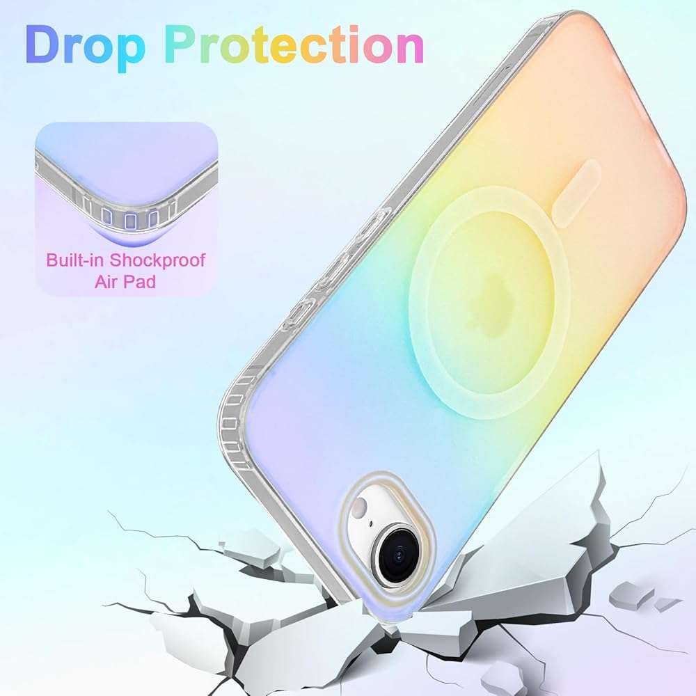 Heaofei Cute Case for iPhone 17e & 16e Case for Women Girls [Compatible with Magsafe] Aesthetic Girly Glitter Bling Rainbow Magnetic Protective Phone Cover, Translucent Iridescent Blue & Pink - Image 5