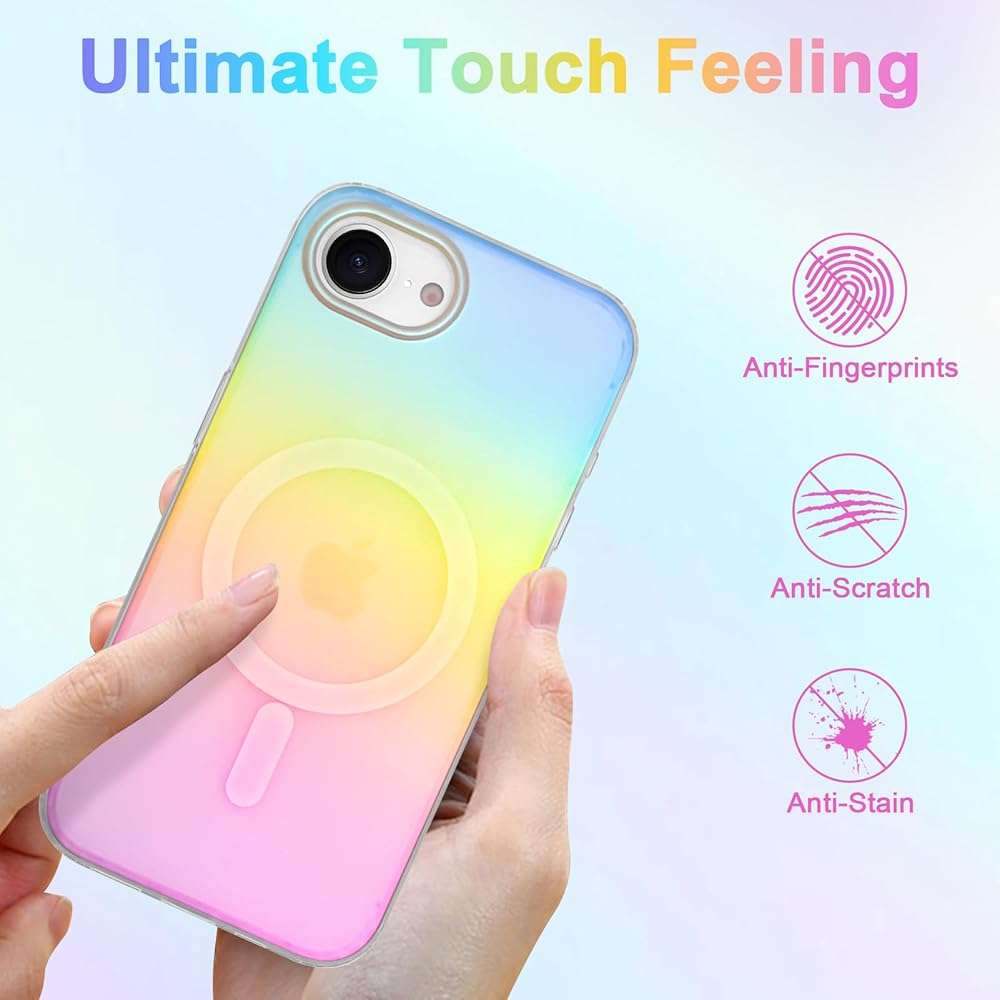 Heaofei Cute Case for iPhone 17e & 16e Case for Women Girls [Compatible with Magsafe] Aesthetic Girly Glitter Bling Rainbow Magnetic Protective Phone Cover, Translucent Iridescent Blue & Pink - Image 6