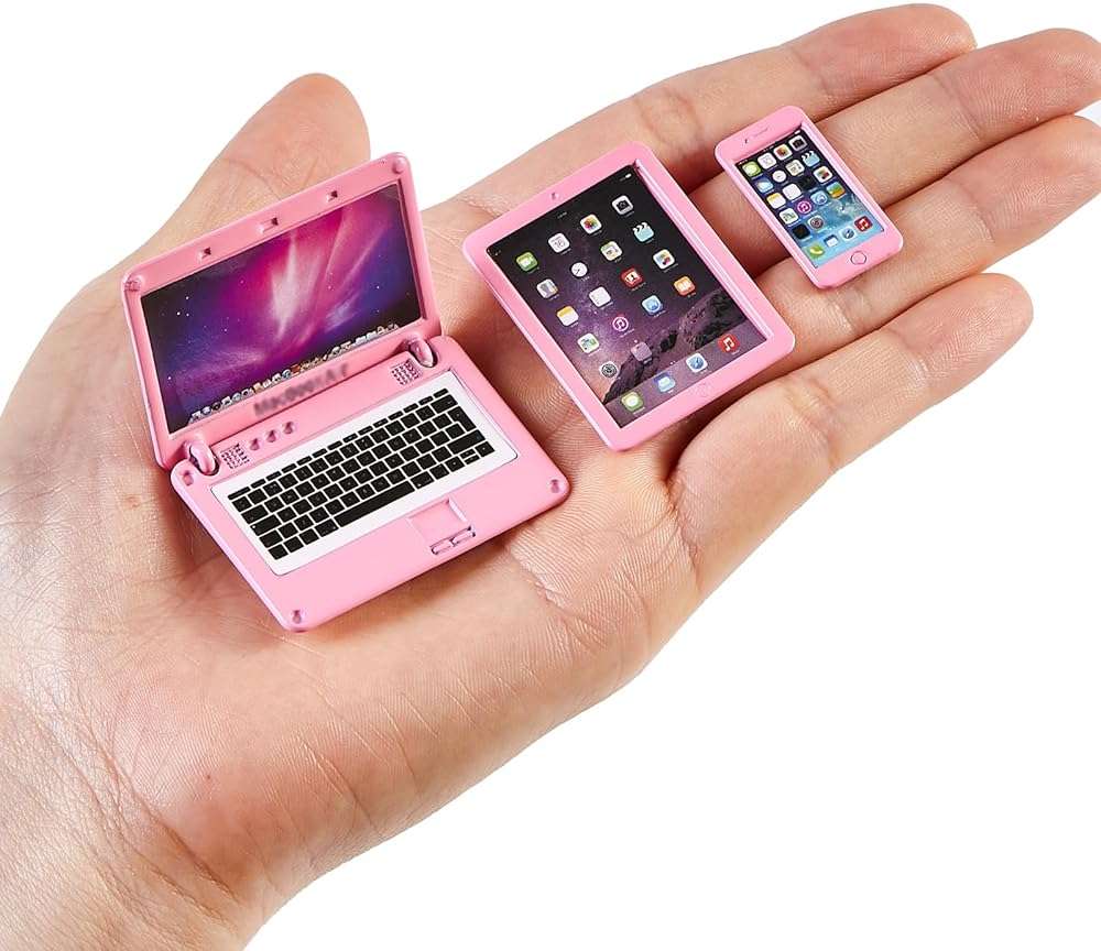 1/12 Dollhouse Furniture Decor Laptop Accessories, 1/6 Scale Minature Tablet Smart Phone Mini Stuff Doll House Furniture Play Set Accessories 3 Pcs (Pink) - Image 1