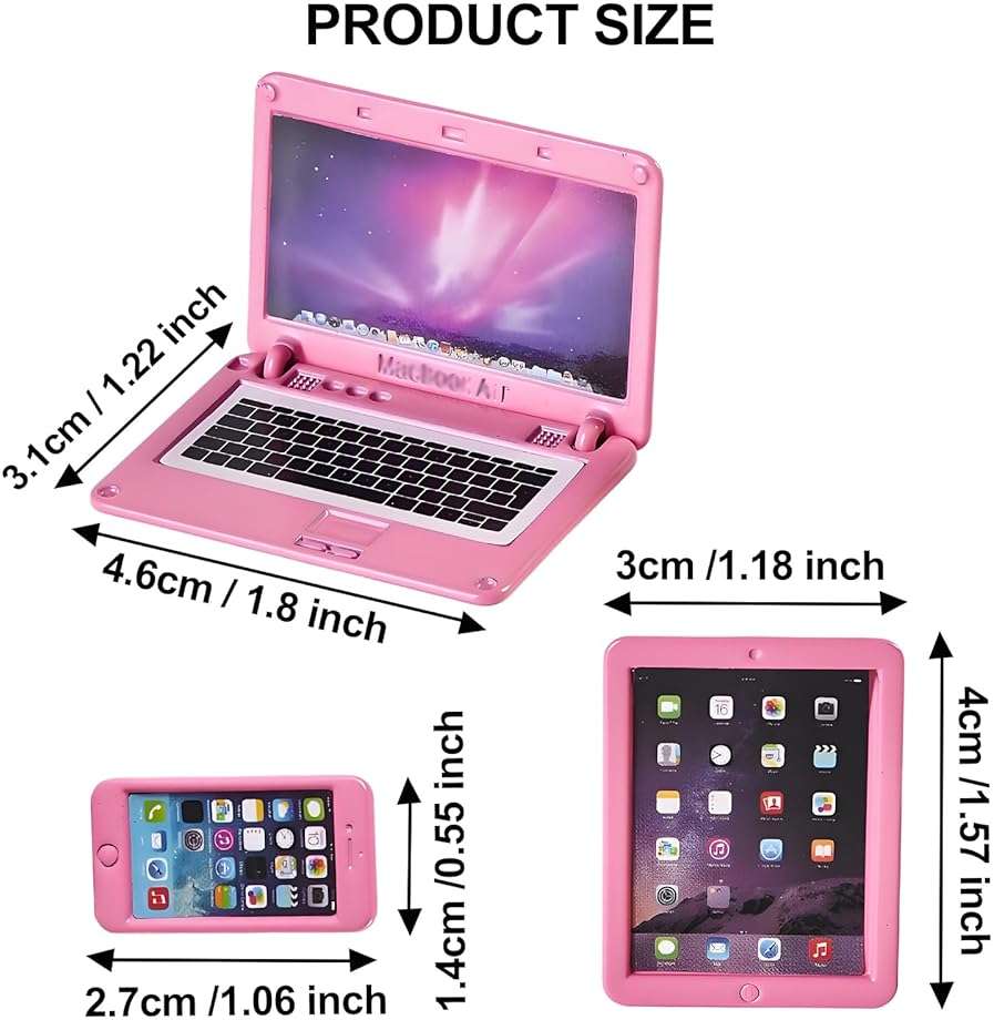 1/12 Dollhouse Furniture Decor Laptop Accessories, 1/6 Scale Minature Tablet Smart Phone Mini Stuff Doll House Furniture Play Set Accessories 3 Pcs (Pink) - Image 3