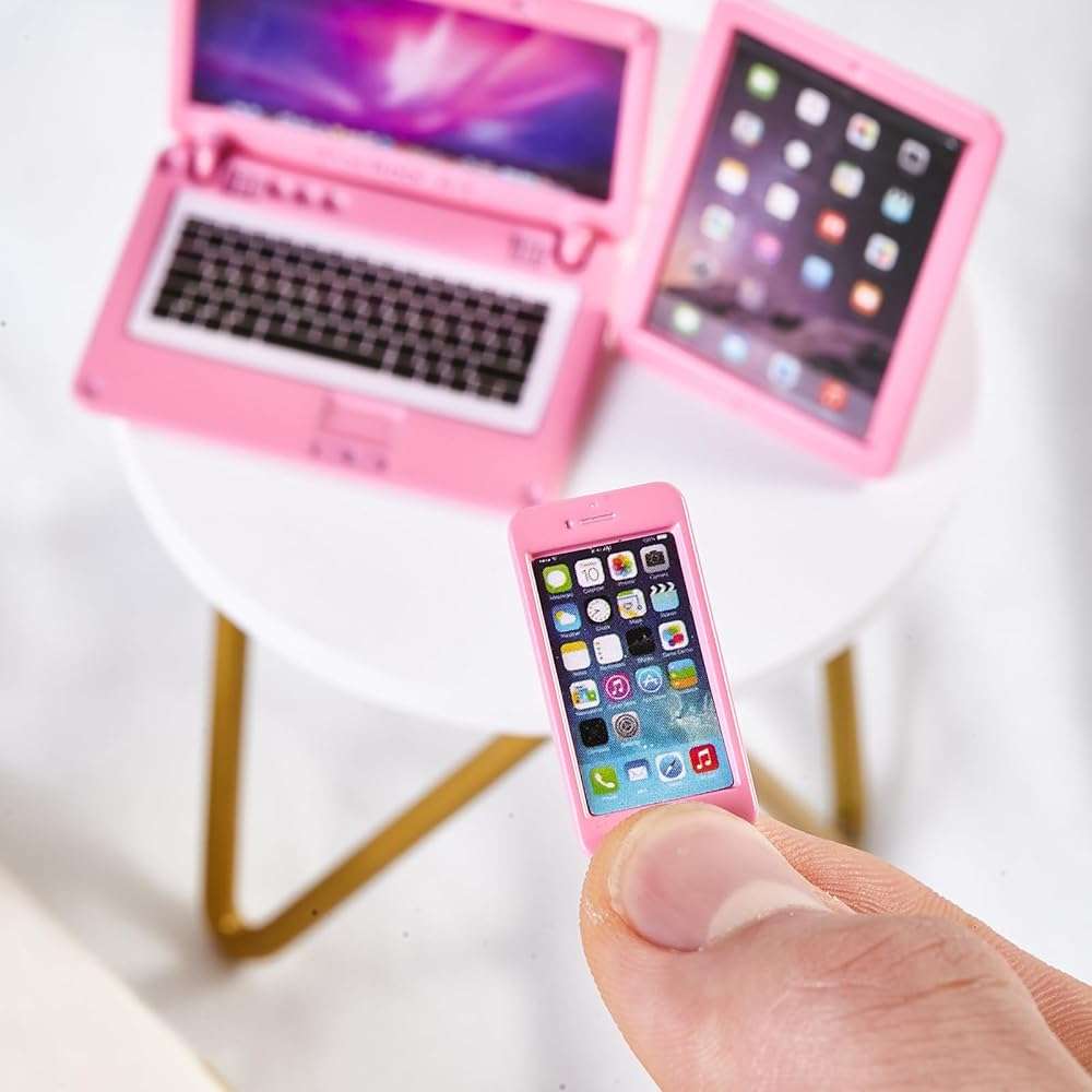 1/12 Dollhouse Furniture Decor Laptop Accessories, 1/6 Scale Minature Tablet Smart Phone Mini Stuff Doll House Furniture Play Set Accessories 3 Pcs (Pink) - Image 4