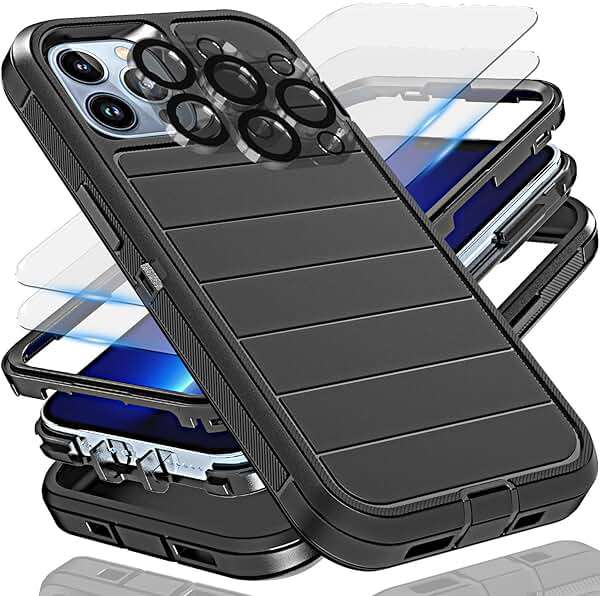 YmhxcY for iPhone 13 Pro Max Case, 2X Glass Screen and Camera Protector, 3 in 1 Heavy Duty Shockproof Drop Protection Stripe Rubber Cover for 13 Pro Max 6.7"-Black - Image 1