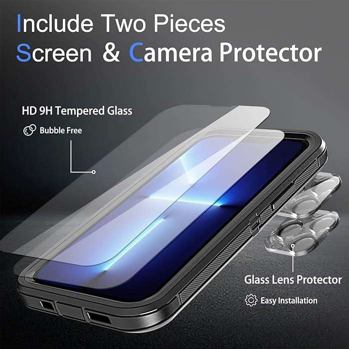 YmhxcY for iPhone 13 Pro Max Case, 2X Glass Screen and Camera Protector, 3 in 1 Heavy Duty Shockproof Drop Protection Stripe Rubber Cover for 13 Pro Max 6.7"-Black - Image 4