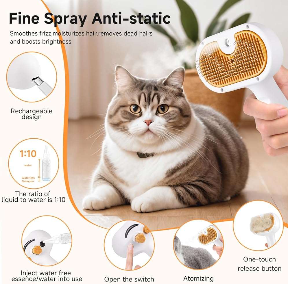 Pet Steam Brush for Dog & Cat – 3-in-1 Spray Hair Removal Comb – Steam for Shedding & Grooming – Water Brush for Long & Short Haired Pets – Spritz Defur Comb – Includes Waterless Shampoo - Image 5