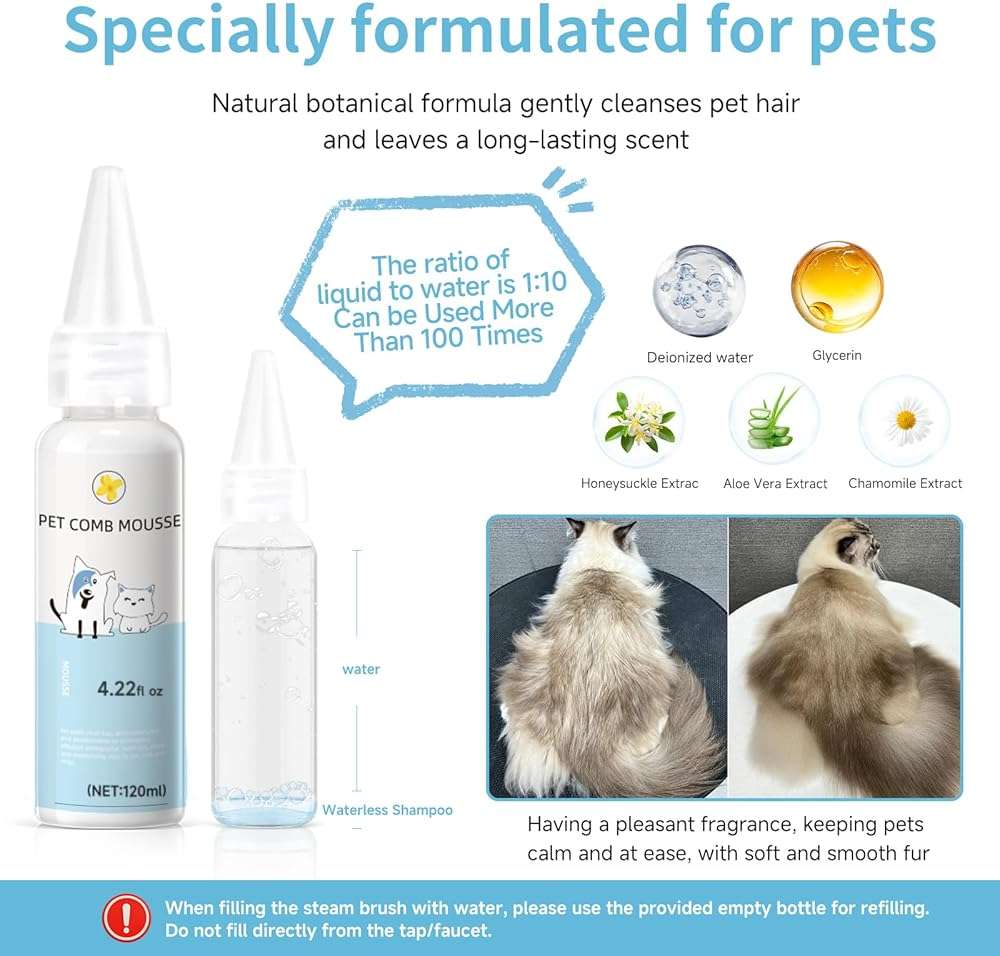 Pet Steam Brush for Dog & Cat – 3-in-1 Spray Hair Removal Comb – Steam for Shedding & Grooming – Water Brush for Long & Short Haired Pets – Spritz Defur Comb – Includes Waterless Shampoo - Image 6