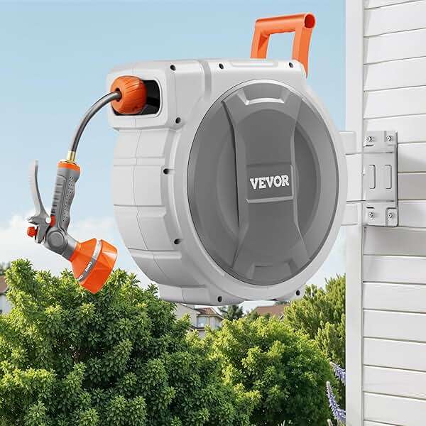 VEVOR Retractable Garden Hose Reel, 1/2 Inch x 145 ft Wall Mounted Hose Reel, Heavy Duty Garden Hose Reel with 9 Patterns Nozzle, Any Length Lock, Upgraded Slow Return System and 180°Swivel Bracket - Image 2