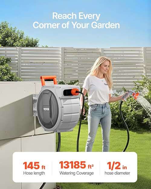 VEVOR Retractable Garden Hose Reel, 1/2 Inch x 145 ft Wall Mounted Hose Reel, Heavy Duty Garden Hose Reel with 9 Patterns Nozzle, Any Length Lock, Upgraded Slow Return System and 180°Swivel Bracket - Image 3