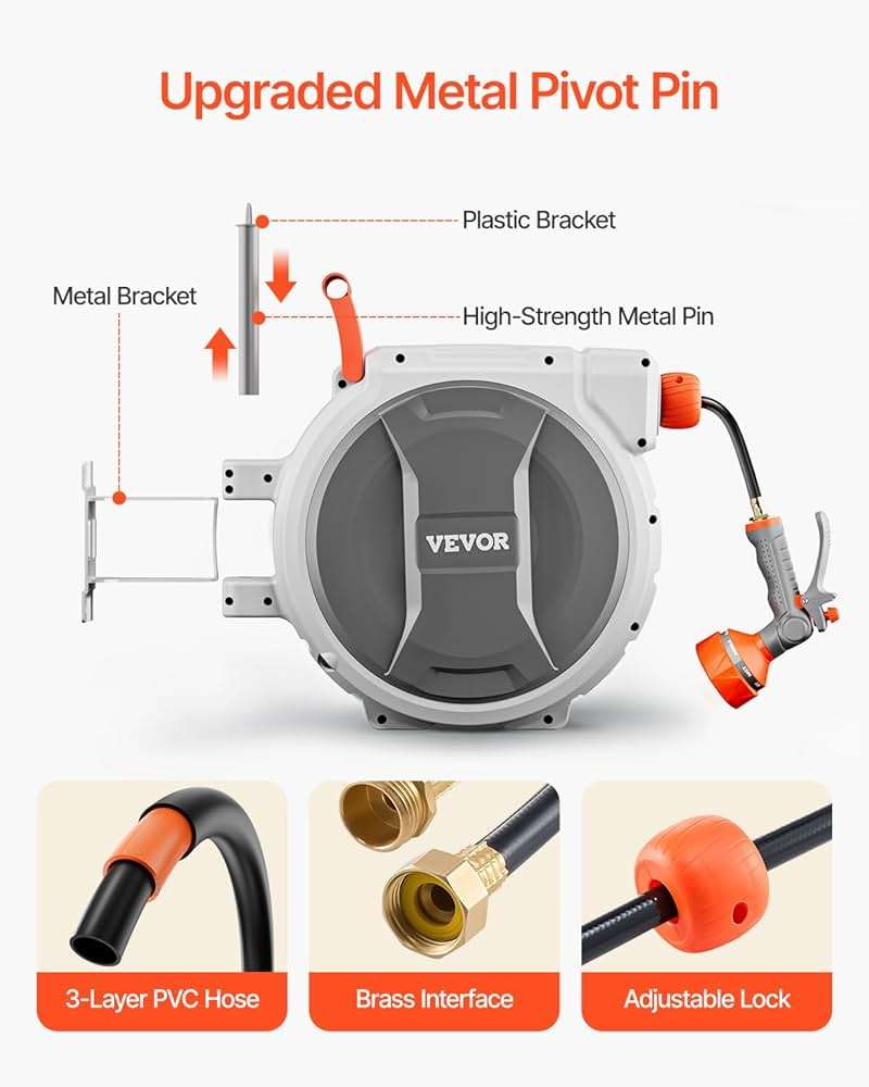 VEVOR Retractable Garden Hose Reel, 1/2 Inch x 145 ft Wall Mounted Hose Reel, Heavy Duty Garden Hose Reel with 9 Patterns Nozzle, Any Length Lock, Upgraded Slow Return System and 180°Swivel Bracket - Image 6