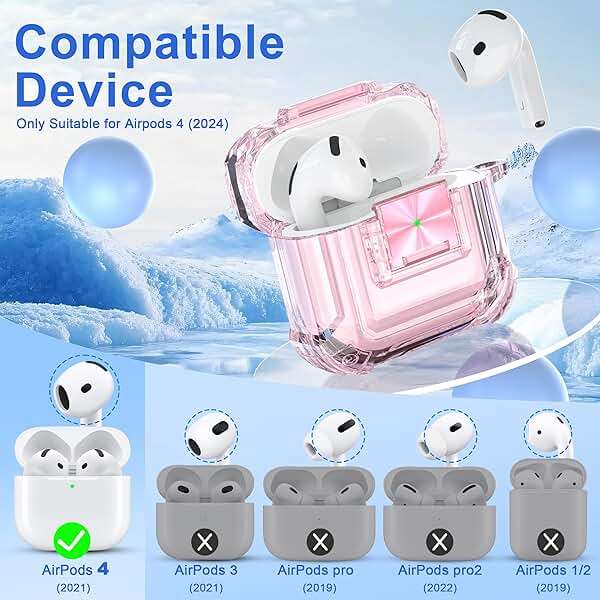 RFUNGUANGO AirPods 4 Case Clear with Lock Cleaning Kit, Lanyard & Keychain, Support Wireless Charging, Compatible with Apple AirPods 4 Case (2024) for Women Girl, Transparent Pink - Image 2