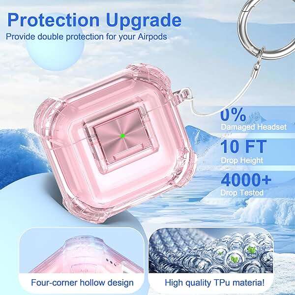 RFUNGUANGO AirPods 4 Case Clear with Lock Cleaning Kit, Lanyard & Keychain, Support Wireless Charging, Compatible with Apple AirPods 4 Case (2024) for Women Girl, Transparent Pink - Image 4