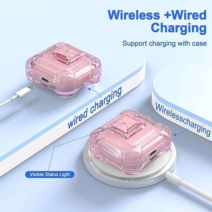 RFUNGUANGO AirPods 4 Case Clear with Lock Cleaning Kit, Lanyard & Keychain, Support Wireless Charging, Compatible with Apple AirPods 4 Case (2024) for Women Girl, Transparent Pink - Image 5