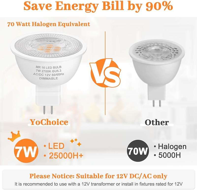 Yochoice 12-Pack MR16 LED Dimmable Light Bulb 70 Watt Halogen Equivalent, 2700K Warm White 7W GU5.3 12V Low Voltage Spotlight Bulb, Track Light Bulb for Outdoor Flood Landscape Lighting - Image 4