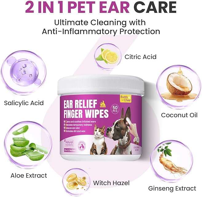 Pet Ear Cleaning Finger Wipes for Dogs & Cats - Dog Ear Cleaner with Aloe, Coconut Oil & Ginseng - Finger Dog Ear Wipes to Relieve Ear Itching, Infections, Wax & Smelly Ears - 50 Ct - Coconut Scent - Image 3