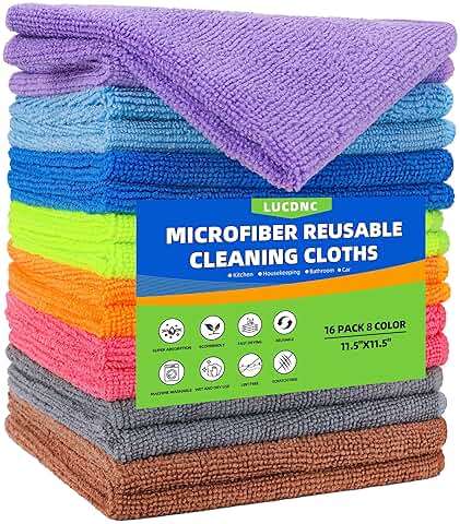 lucdnc Microfiber Cleaning Cloths 16 Pack 8 Color Cleaning Rags for Housekeeping Home Kitchen Bathroom Car,11.5"X11.5" Soft Lint Free Wet and Dry Use Dusting Cleaning Supplies Towels - Image 1