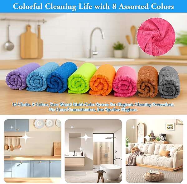 lucdnc Microfiber Cleaning Cloths 16 Pack 8 Color Cleaning Rags for Housekeeping Home Kitchen Bathroom Car,11.5"X11.5" Soft Lint Free Wet and Dry Use Dusting Cleaning Supplies Towels - Image 2