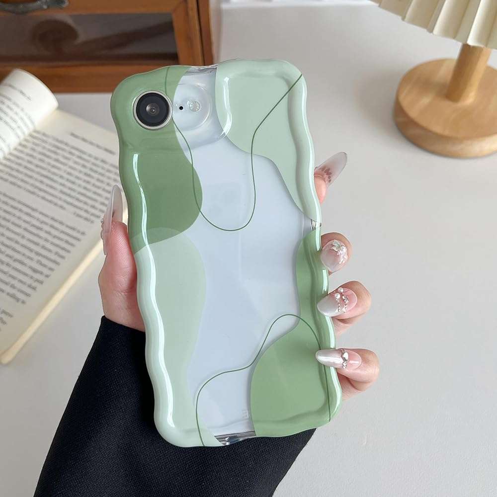 DEFBSC for iPhone 17e/iPhone 16e Case,Cute Clear Wavy Art Design Aesthetic Pattern Phone Case for Women Girls,Wave Frame Durable Protective Cover Full Camera Protection Bumper for iPhone 17e/16e,Green - Image 1