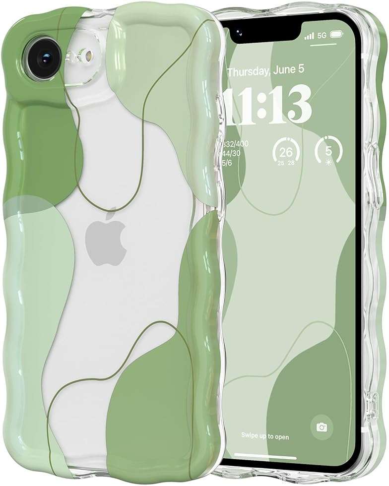 DEFBSC for iPhone 17e/iPhone 16e Case,Cute Clear Wavy Art Design Aesthetic Pattern Phone Case for Women Girls,Wave Frame Durable Protective Cover Full Camera Protection Bumper for iPhone 17e/16e,Green - Image 2