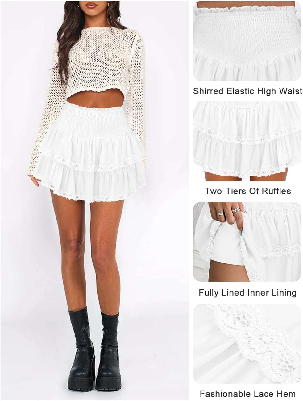 Pungdra Womens Casual Ruffle Mini Skirt Athletic Golf Tennis Skort Boho Tiered High Waist Layered Ruffle Flowy Short Skirts - Image 3