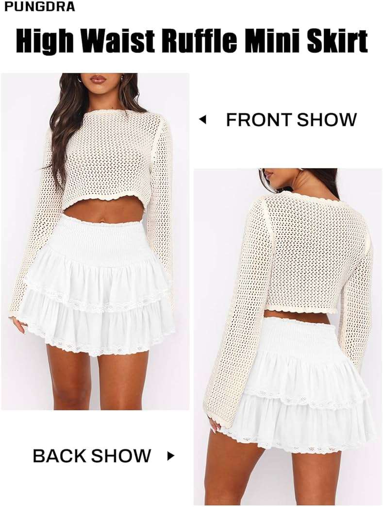 Pungdra Womens Casual Ruffle Mini Skirt Athletic Golf Tennis Skort Boho Tiered High Waist Layered Ruffle Flowy Short Skirts - Image 4
