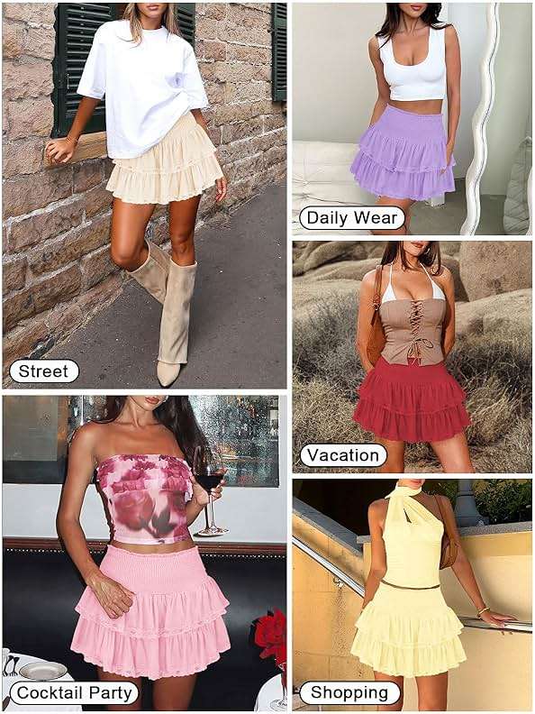 Pungdra Womens Casual Ruffle Mini Skirt Athletic Golf Tennis Skort Boho Tiered High Waist Layered Ruffle Flowy Short Skirts - Image 7