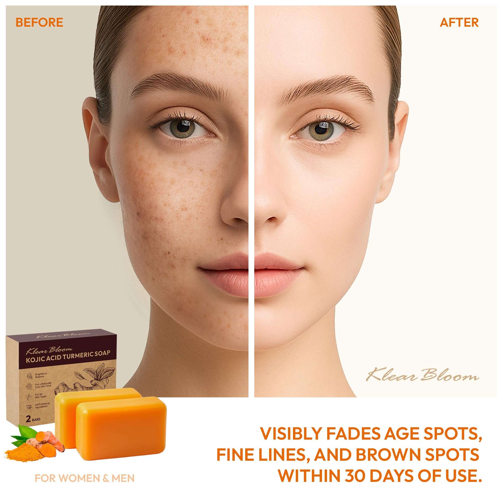 KlearBloom Kojic Acid Soap, Turmeric Soap Bar for Dark Spots Brightening & Moisturizing with Collagen, Vitamin E, Retinol, Hyaluronic Acid, Shea Butter, Paraben & Sulfate-Free 105g x 2 Bars - Image 3