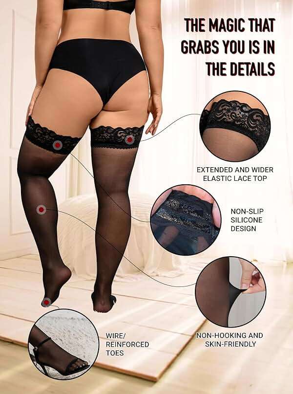Hellomamma Plus Size Thigh High Stockings: Women Lace Anti-Slip Stay Up Sheer Pantyhose Lingerie Stockings for Sexy Women - Image 2