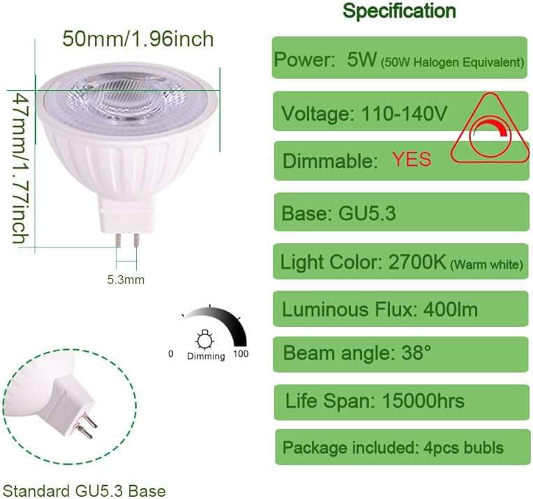 ukzboss Mr16 led Bulb 120V Dimmable 5w 2700K Warm White 38 Degree gu5.3 spot Light Bulb 40w 50W Halogen Replacement for mr16 Tracking Light lanscape Lighting (2700K Warm White, 4pcs Bulbs) - Image 2