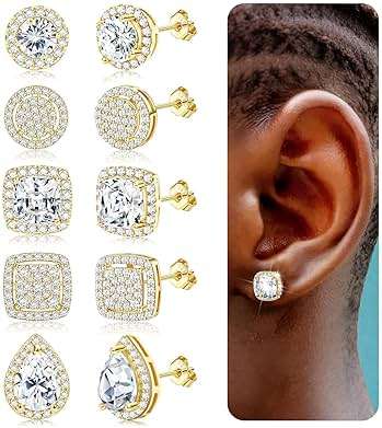 LOYALLOOK Cubic Zirconia Stud Earrings for Women Men Simulated Diamond CZ Halo Stud Earrings Round Square Iced Out Earrings 18K Gold Plated Hypoallergenic 925 Sterling Silver Earrings Set - Image 1