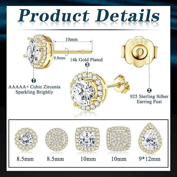 LOYALLOOK Cubic Zirconia Stud Earrings for Women Men Simulated Diamond CZ Halo Stud Earrings Round Square Iced Out Earrings 18K Gold Plated Hypoallergenic 925 Sterling Silver Earrings Set - Image 3