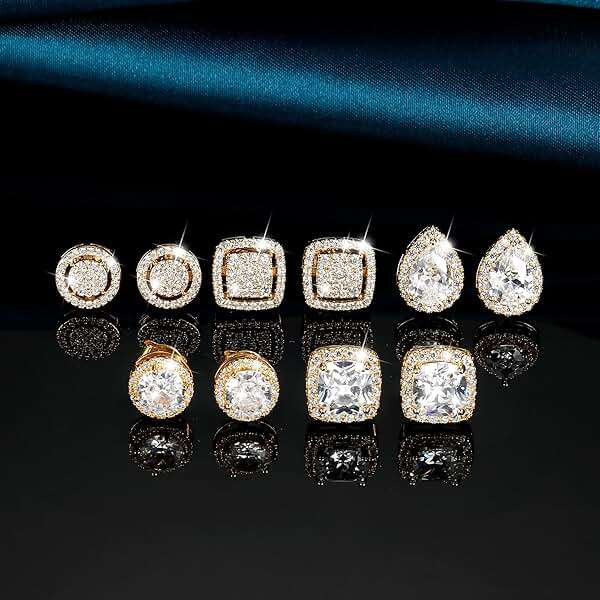 LOYALLOOK Cubic Zirconia Stud Earrings for Women Men Simulated Diamond CZ Halo Stud Earrings Round Square Iced Out Earrings 18K Gold Plated Hypoallergenic 925 Sterling Silver Earrings Set - Image 5