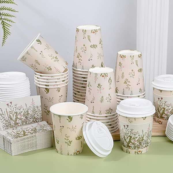 AimFun 50Pcs Floral Disposable Coffee Cups with Lids and Sleeves Vintage Botanical Herb 8oz To Go Party Paper Drinking Cup for Birthday Weddings Bridal Shower Tea Party Supplies - Image 2