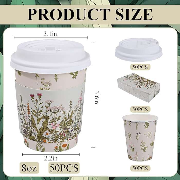 AimFun 50Pcs Floral Disposable Coffee Cups with Lids and Sleeves Vintage Botanical Herb 8oz To Go Party Paper Drinking Cup for Birthday Weddings Bridal Shower Tea Party Supplies - Image 3