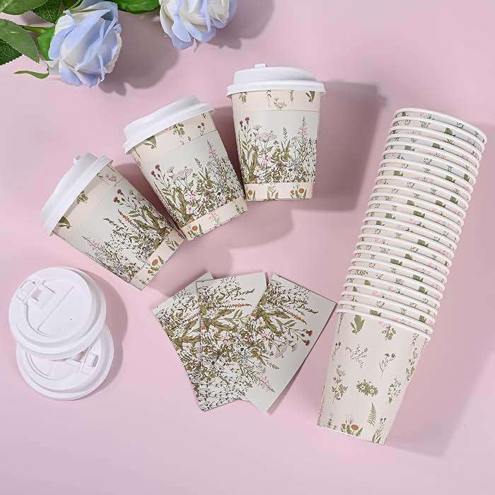 AimFun 50Pcs Floral Disposable Coffee Cups with Lids and Sleeves Vintage Botanical Herb 8oz To Go Party Paper Drinking Cup for Birthday Weddings Bridal Shower Tea Party Supplies - Image 4