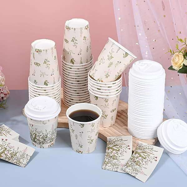 AimFun 50Pcs Floral Disposable Coffee Cups with Lids and Sleeves Vintage Botanical Herb 8oz To Go Party Paper Drinking Cup for Birthday Weddings Bridal Shower Tea Party Supplies - Image 5