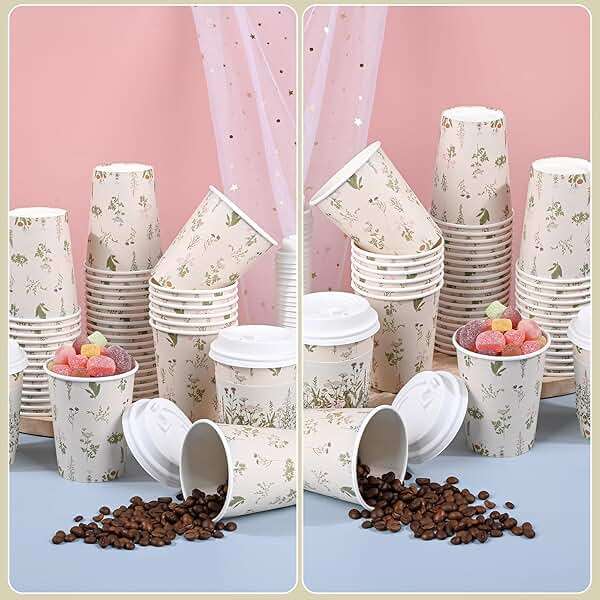 AimFun 50Pcs Floral Disposable Coffee Cups with Lids and Sleeves Vintage Botanical Herb 8oz To Go Party Paper Drinking Cup for Birthday Weddings Bridal Shower Tea Party Supplies - Image 7