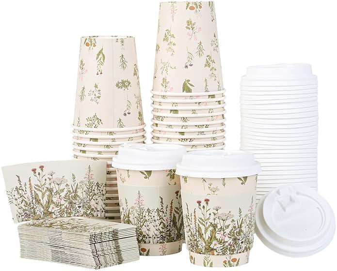 AimFun 50Pcs Floral Disposable Coffee Cups with Lids and Sleeves Vintage Botanical Herb 8oz To Go Party Paper Drinking Cup for Birthday Weddings Bridal Shower Tea Party Supplies - Image 8