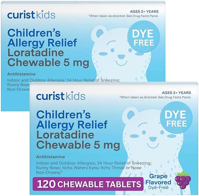 Curist Children's Allergy Medicine Chewable (Loratadine 5mg) 120 Count Grape Flavor - 24 Hour Allergy Relief for Sneezing, Runny Nose, Itchy Eyes & Throat - Kids Allergy Chewable Tablets (Pack of 2) - Image 1