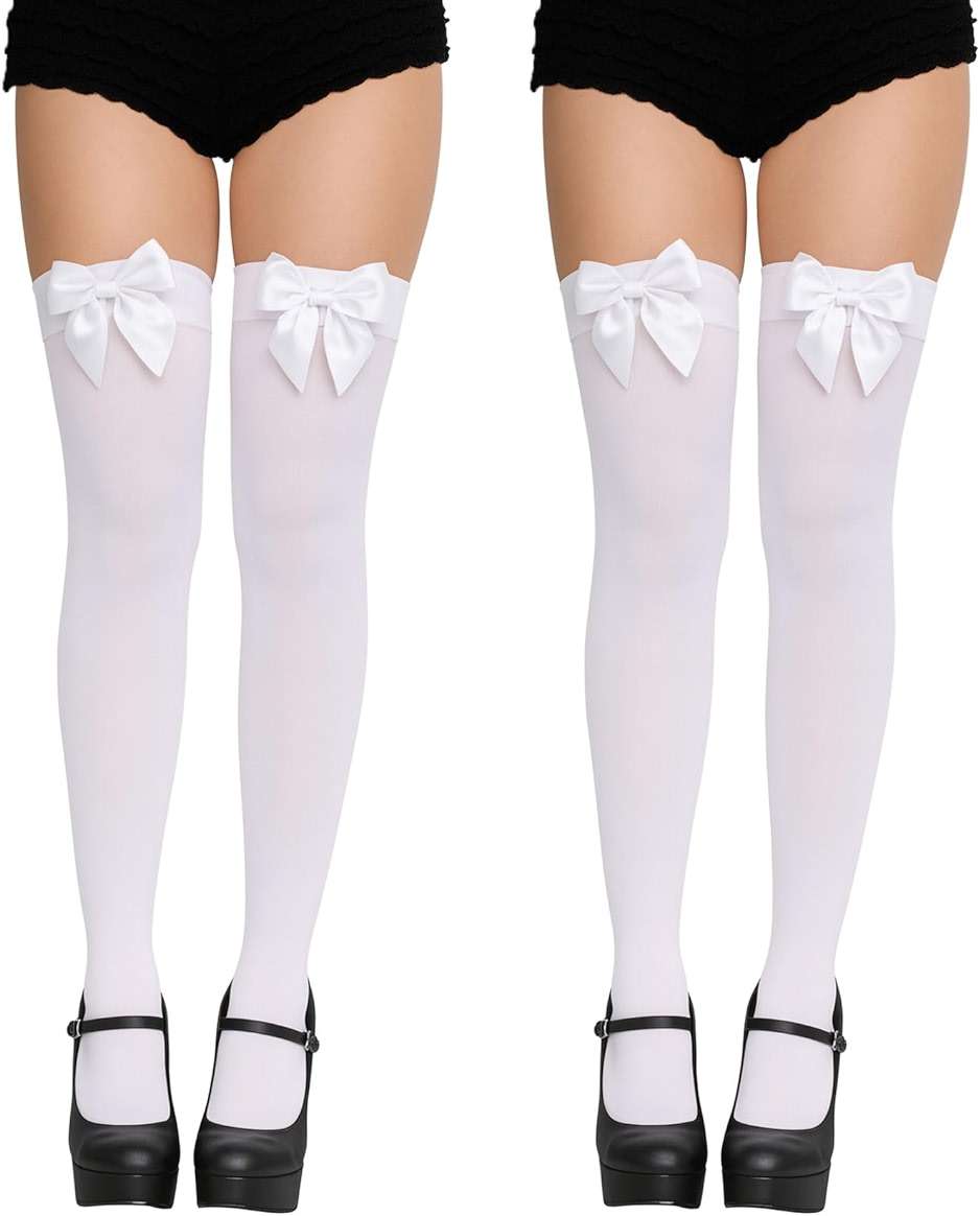 Royisafie 2 Pairs of White Black Stockings with Bow Thigh High Stockings Thigh High Socks for Women Halloween Costume - Image 1