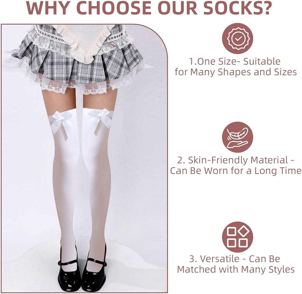 Royisafie 2 Pairs of White Black Stockings with Bow Thigh High Stockings Thigh High Socks for Women Halloween Costume - Image 5