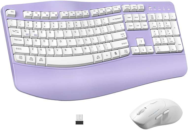 Ergonomic Wireless Keyboard and Mouse Combo, Wave Keys Keyboard with Wrist Rest for Natural Typing, 3 DPI Adjustable Ergonomic Silent Mouse for Computer/Laptop/Windows/Mac (Purple) - Image 1